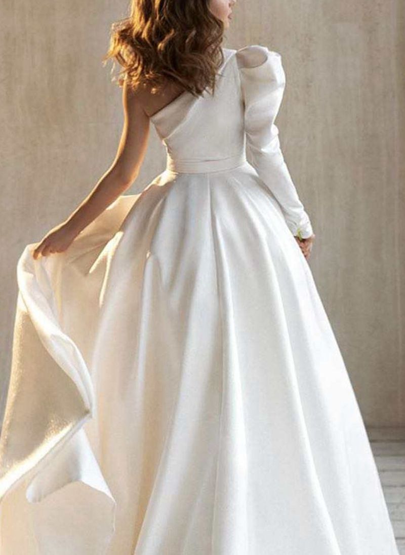 Simple One Shoulder Satin Wedding Dresses A Line Elegant Arabic Dubai Long Sleeve Court Train Bridal Gowns Vestidos de novia
