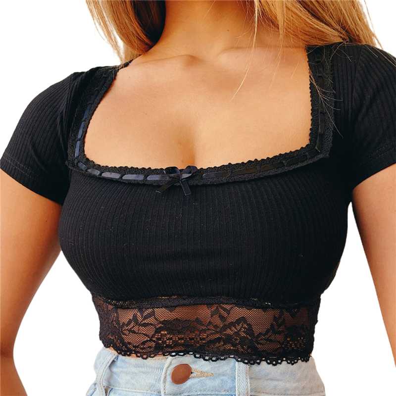 Solid Color Women Sexy Square Neck Tops T-shirt Vest Short Sleeve Solid Color Lace Mesh Sheer Crop Top For Ladies, Black
Solid Color Women Sexy Square Neck Tops T-shirt Vest Short Sleeve Solid Color Lace Mesh Sheer Crop Top For Ladies, Black