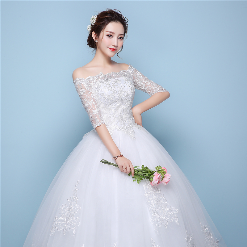 White Lace Boat Neck Half Sleeve Fashion Simple Wedding Dress Gowns Hiqh Quality Floor Length Big Embroidery Off the shoulder