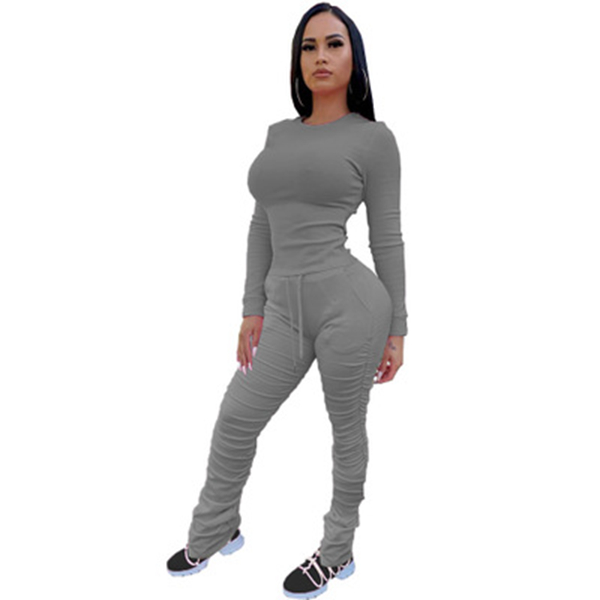 Spot Pants European and American spring summer women's fashion pleated solid color long sleeve suit