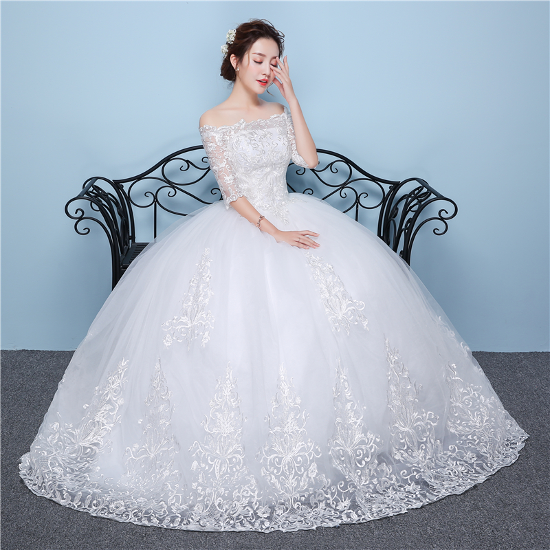 White Lace Boat Neck Half Sleeve Fashion Simple Wedding Dress Gowns Hiqh Quality Floor Length Big Embroidery Off the shoulder