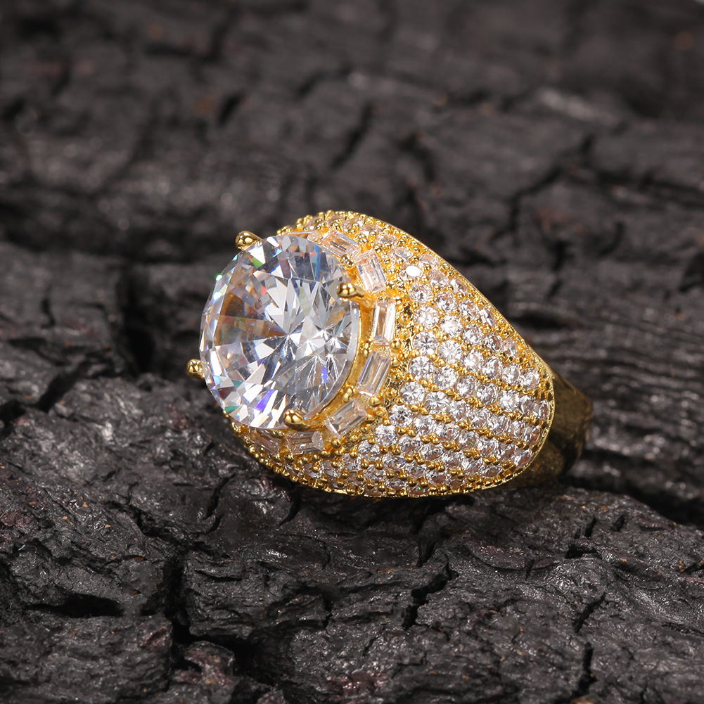 Men's Hip Hop Diamond Stone Rings 18k Real Gold Plated Bling Cubic Zircon Finger Ring Jewelry Gift