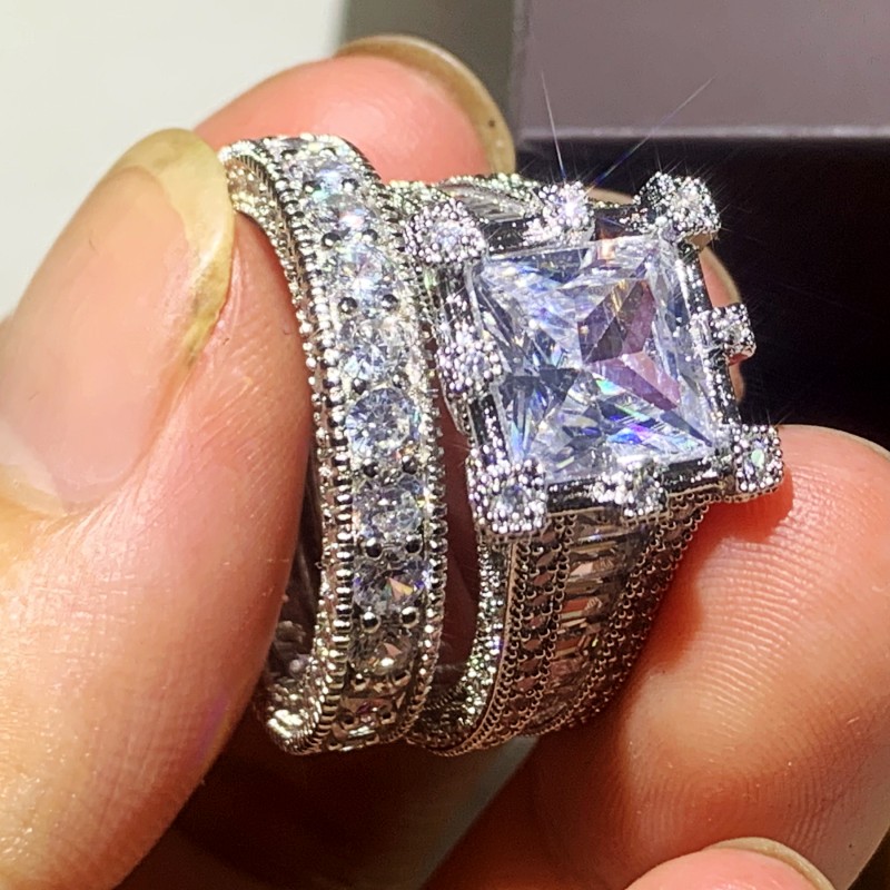 Size 5-10 Vintage Fine Jewelry 925 Sterling Silver Princess Cut Large White Topaz Pave CZ Diamond Gemstones Couple Women Bridal Ring Set