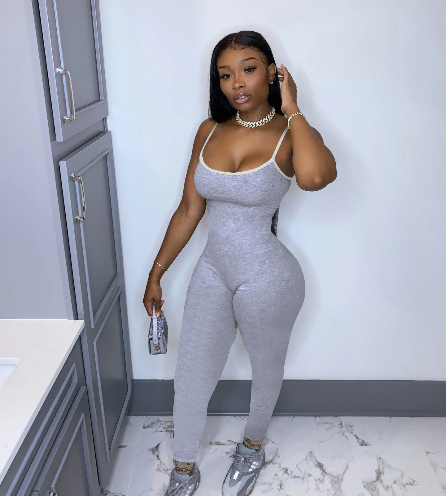 2XL Summer Women solid color sling Jumpsuits casual fitness Rompers sleeveless black skinny bodysuits grey sports stack pants leggings 3638