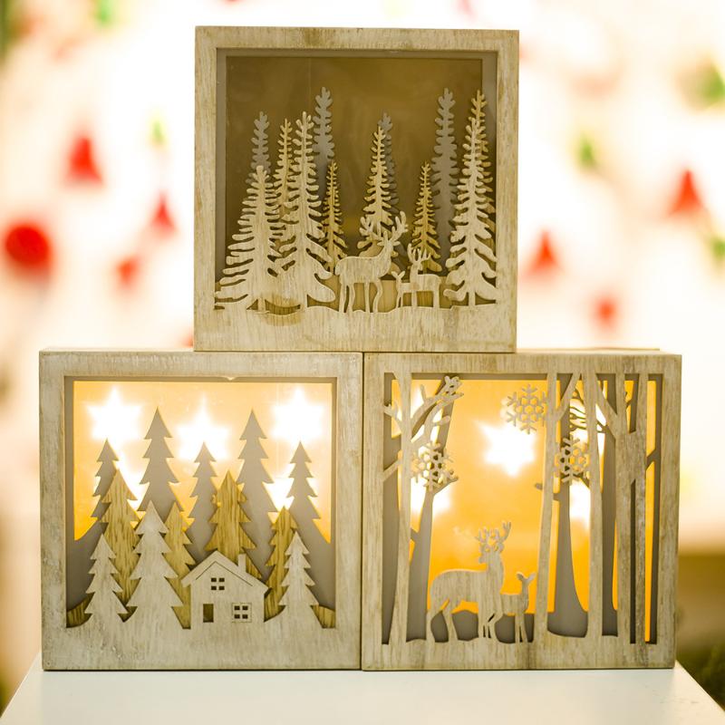 Wooden Christmas LED Lights Box Christmas Tree Elk Shape LED Light Wood DIY Crafs Pendants Ornaments Home Closet Decor