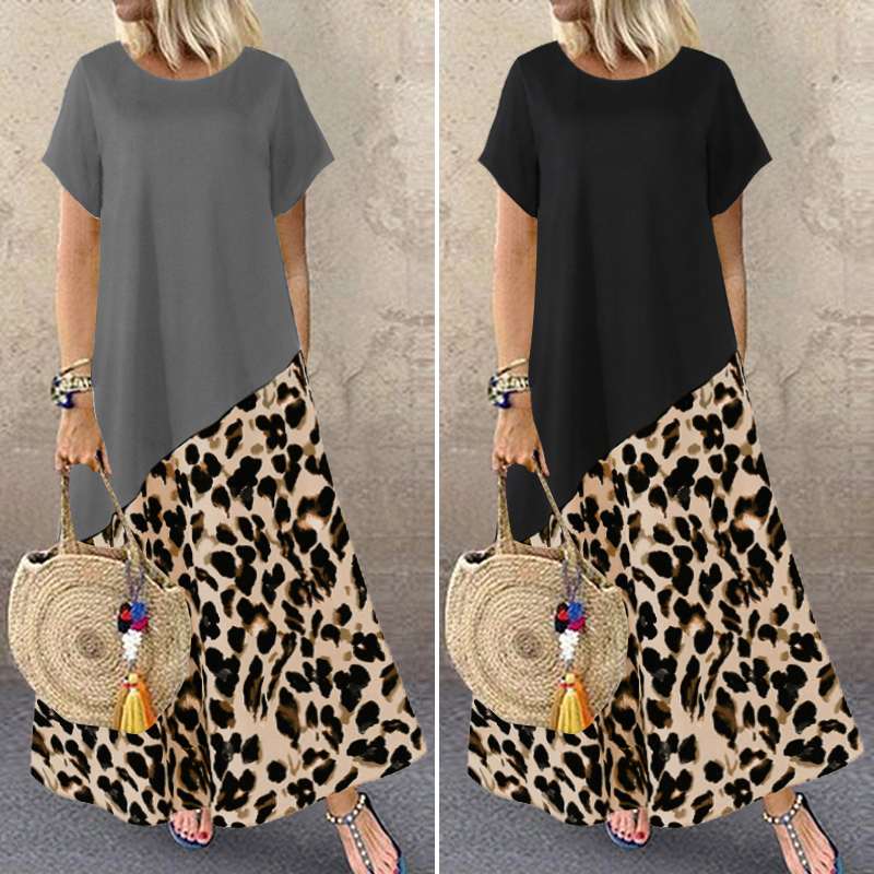 Fashion Leopard Printed Maxi Dress Women's Summer Sundress ZANZEA 2020 Casual Short Sleeve Patchwork Vestidos Plus Size Robe 5XL