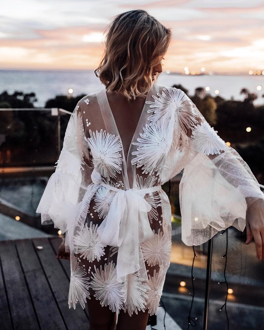 illusion sexy bridal bathrobe long sleeve flower appliques mini short women sleep wear wedding robe