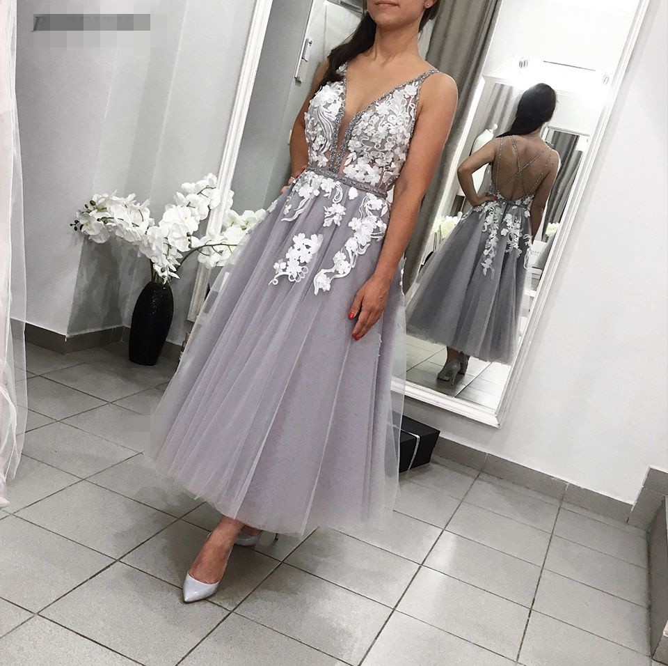 grey V Neck Ankle-Length short Prom Dresses Vestido De Festia beaded deep v neck Open Backless Sexy Lace A-Line Evening Party Gowns