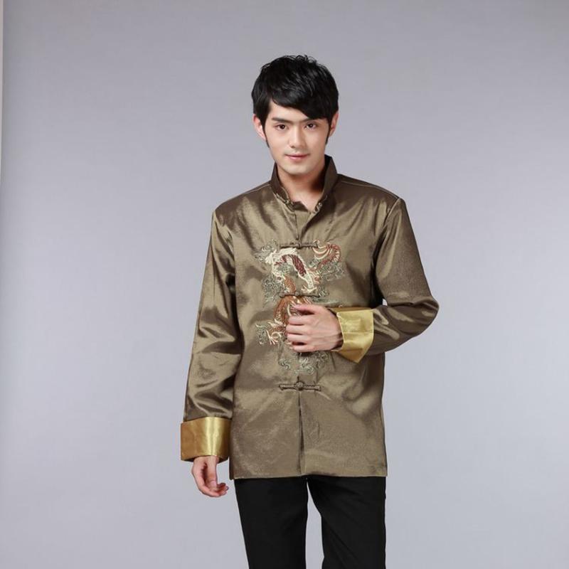 8 Color Chinese Shirt Traditional Chinese Clothing for Men Top Men Tang Suit Dragon Satin Long Sleeve Costume Retro