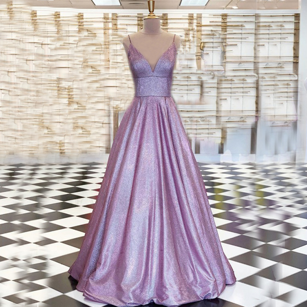 Shiny Purple Prom Dress Long Glitter A-line Lovely Party Dress Girl Sparkle Elegant Straps Backless Evening Dress Pocket