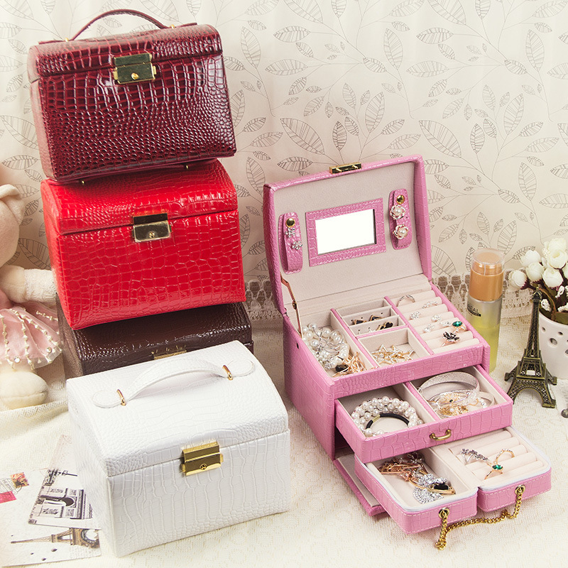 New Fashion High Quality Leather Jewelry Box 7 Colors With Small Protable Travel Jewelry Casket 3 Layers Gift Box MX200810
