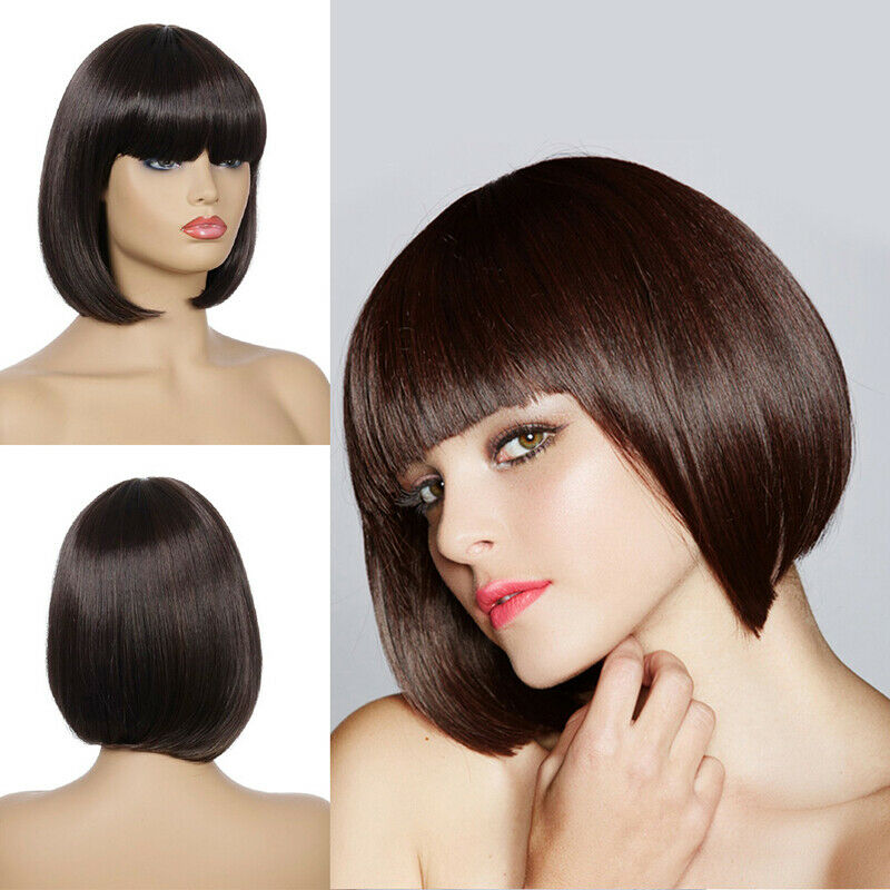 Women Ladies Wigs Short Straight Bob With Bangs Wig Synthetic Hair Cosplay Party