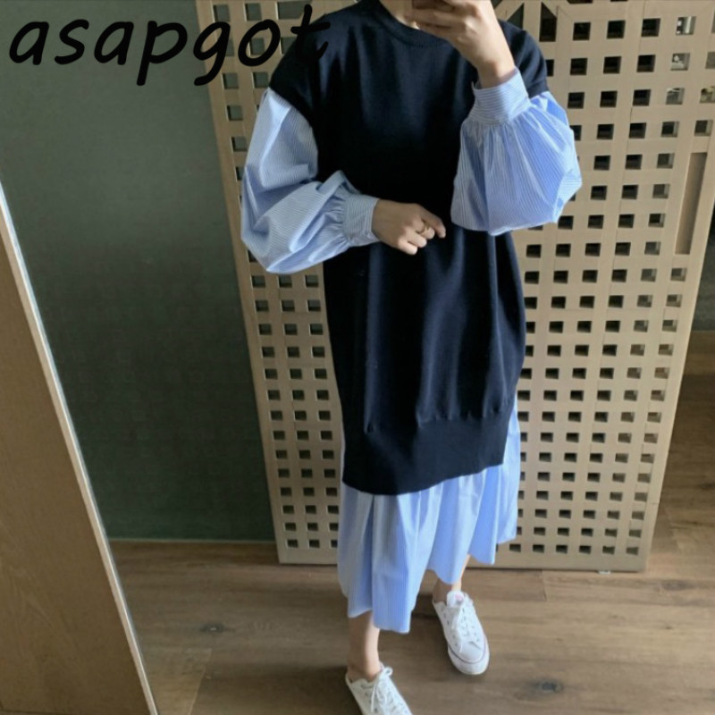 Korean Autumn New Contrast Stitching Fake Two-piece Lantern Sleeve Loose Waist Long Striped Dress Women Chic Wild Casual Robe, Blue
Korean Autumn New Contrast Stitching Fake Two-piece Lantern Sleeve Loose Waist Long Striped Dress Women Chic Wild Casual Robe, Blue
