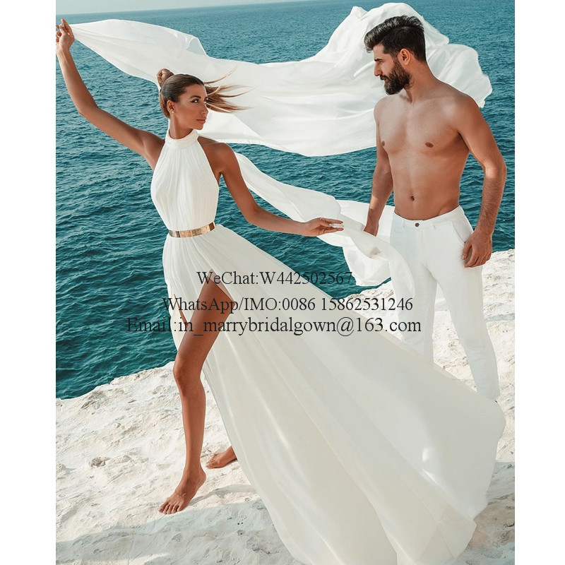 Sexy Backless Plus Size Beach Wedding Dresses 2021 A Line Halter Greek Style Boho Chiffon vestido De Novia Bridal Gowns