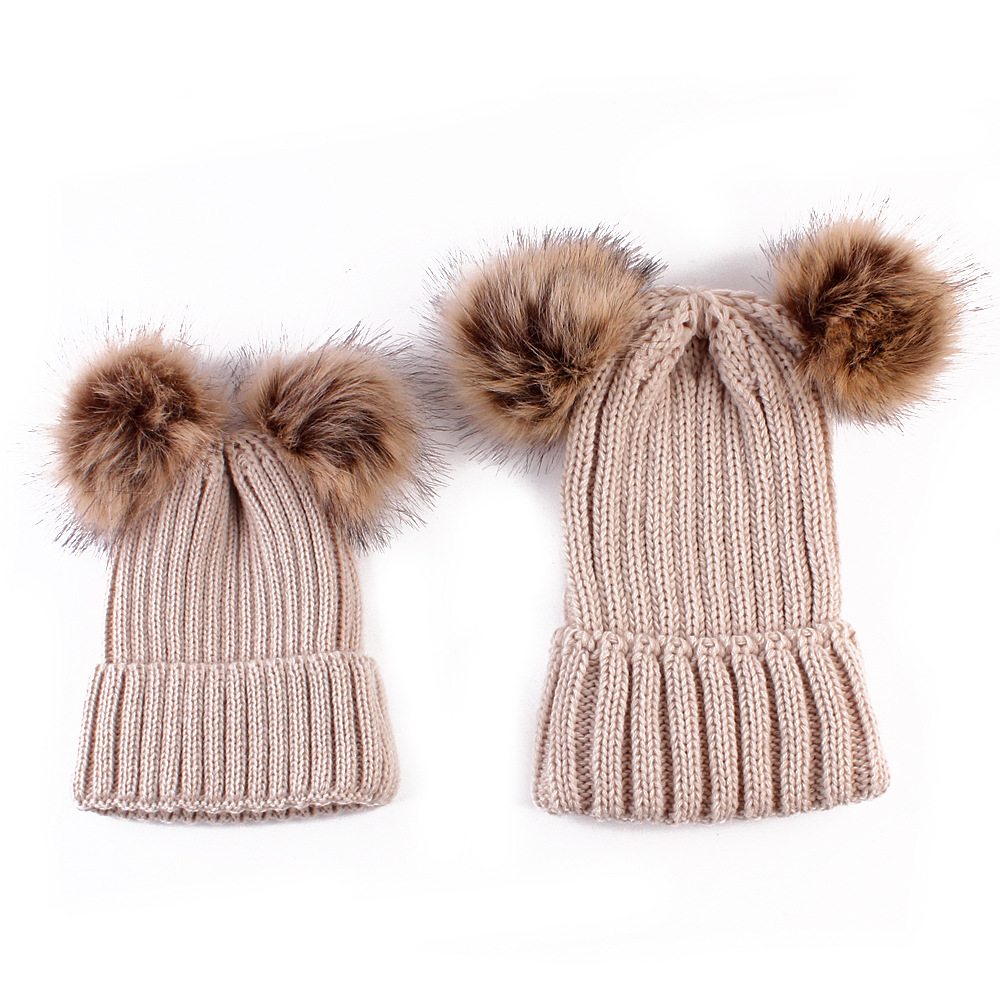 Fashion Parent-child Caps Cute Infant Baby Pom Pom Cap Winter Double Fur Ball Hat Baby Mom Warm Knitted Hat Newborn Beanies