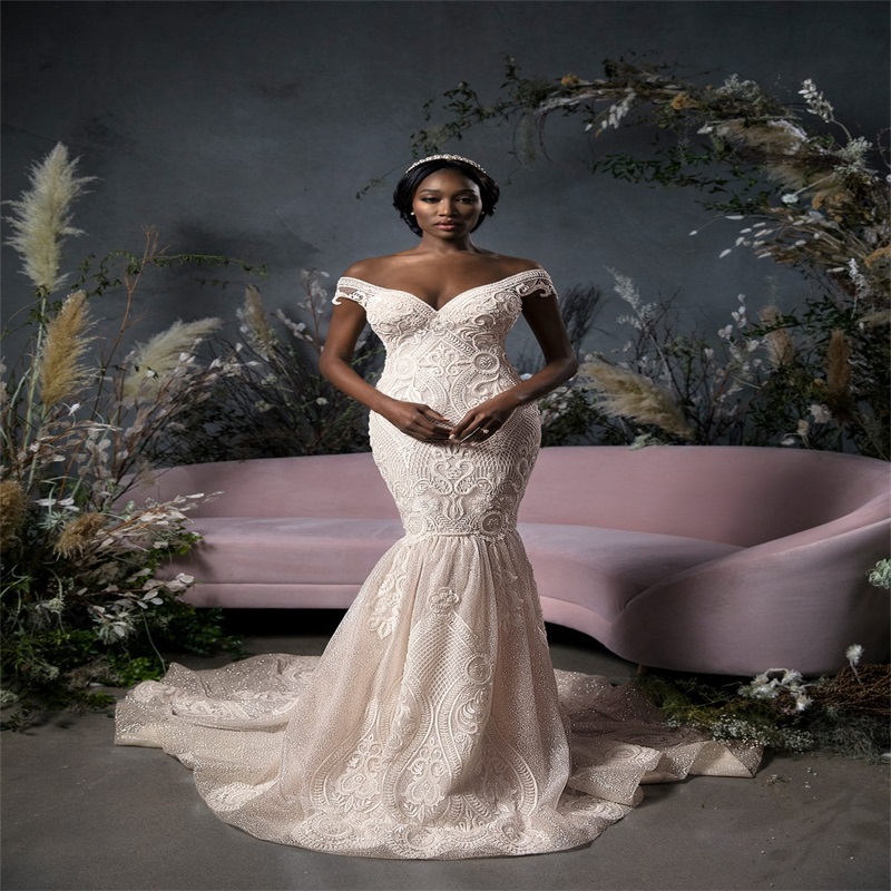 Luxury Naama Wedding Dresses Sequins Appliqued Mermaid Bridal Gown Sexy Off-shoulder Ruched Custom Made Sweep Train Vestidos De Novia