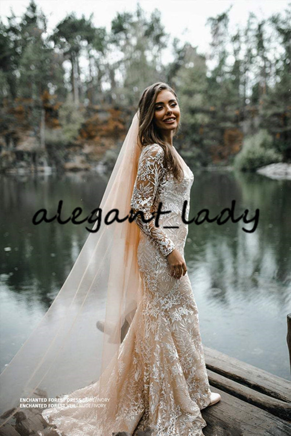 Forest Nude Champagne Mermaid Wedding Dresses 2021 V-neck Lace Applique Bohemian rustic country wedding gowns bestidos de novias