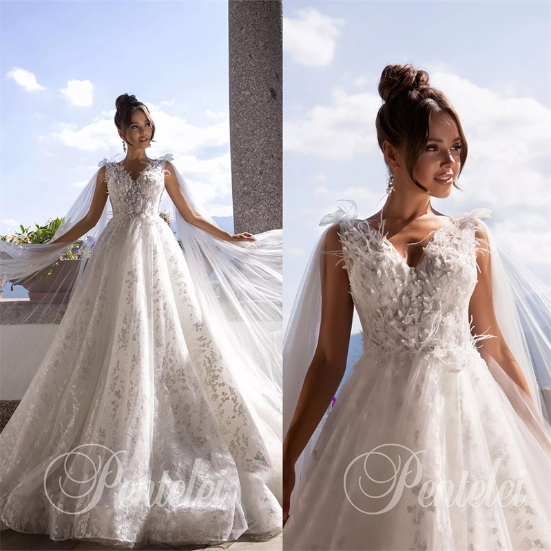 Newest Gorgeous Wedding Dresses 3D-Floral Appliqued Feather Chapel Bridal Gown V-neck Sleeveless Ruched Tulle Custom Made Vestidos De Novia
