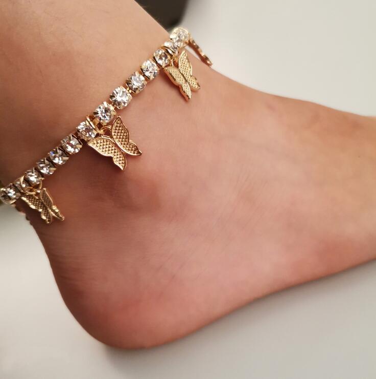 Stonefans Gold Tennis Strass Schmuck für Frauen Kristall Schmetterling Anhänger Fußkettchen Strand Fuß Kette Armband GD526