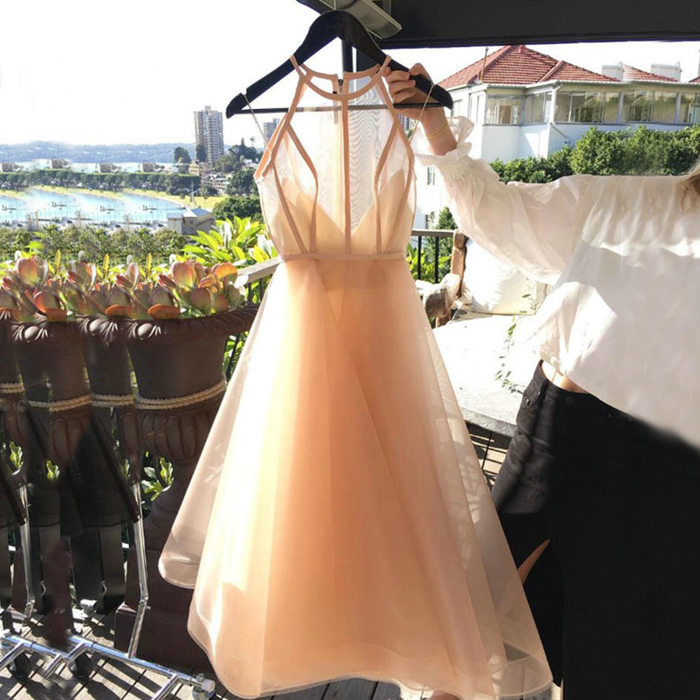 Cocktail Dresses Pockets Vintage Summer Prom Dress Organza A Line Short Party Dress Halter Elegant For Girls Evening Dress
