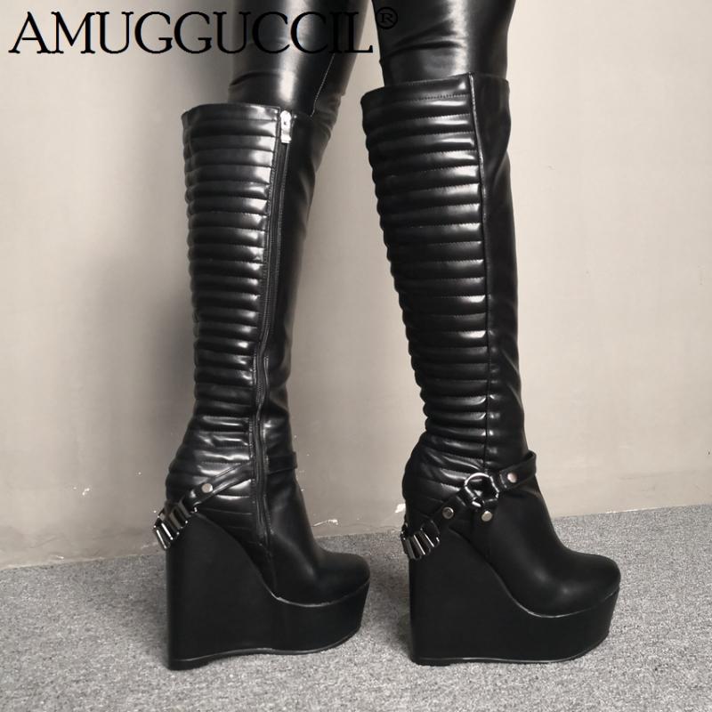 2020 New Plus Big Size 34-48 Black Zip Fashion Sexy Knee High Heel Wedges Autumn Winter Ladies Females Women Boots X1837