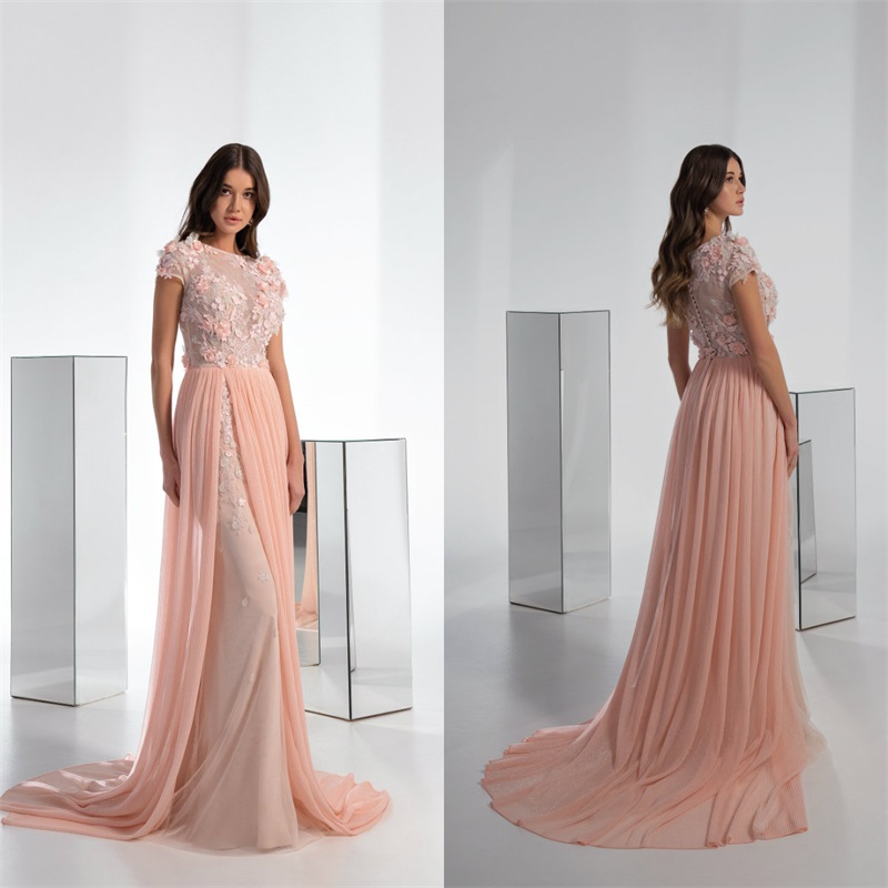 Newest Pink Evening Dresses Side-split Chiffon Appliqued Lace A-line Prom Dress Sweep Train Custom Made Formal Party Dress