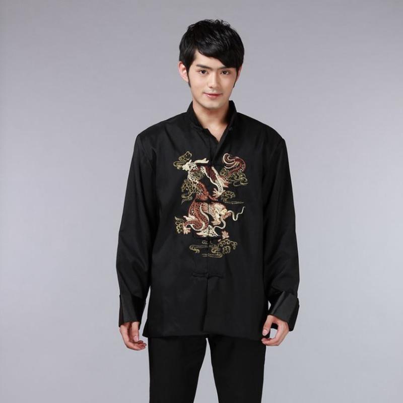 8 Color Chinese Shirt Traditional Chinese Clothing for Men Top Men Tang Suit Dragon Satin Long Sleeve Costume Retro