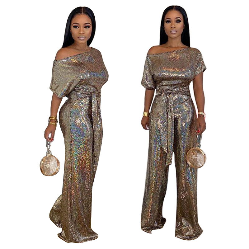 2020 fashion shiny party women's sequined jumpsuits sexy skew collar short sleeve rompers wide leg pants lace-up fashion overall Y200904