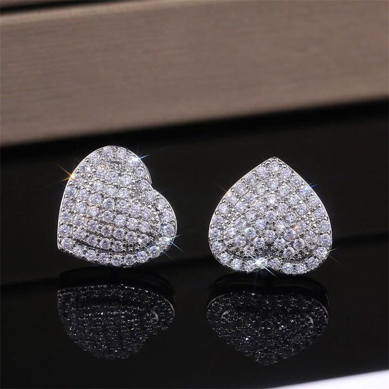 Sterg Sier Pave White Sapphire CZ Dia Heart Stud Earrings for Women - Party Jewelry Gift 4