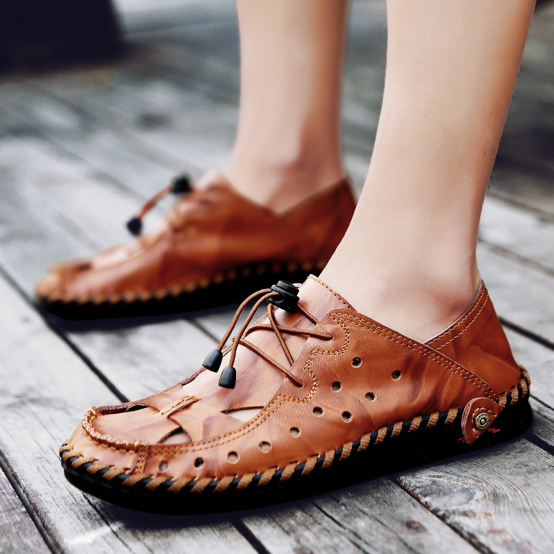 Sandals Men Shoes 2020 Fashion Genuine Leather Beach Sandals Mans Footwear Solid Lace-up Casual Man Shoe Outdoor Men, Black