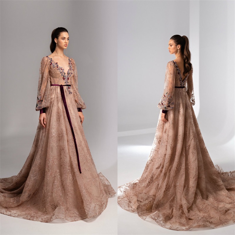 2021 Gorgeous Evening Dresses Champagne Long Sleeves Colorful Beads Appliqued Lace A-line Prom Dress Sweep Train Formal Party Dress