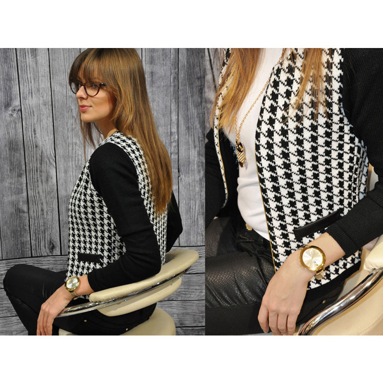 Basic Jackets Black And White Grid Female Jacket Elgant Houndstooth Slim Jacket Clothes LJ200813