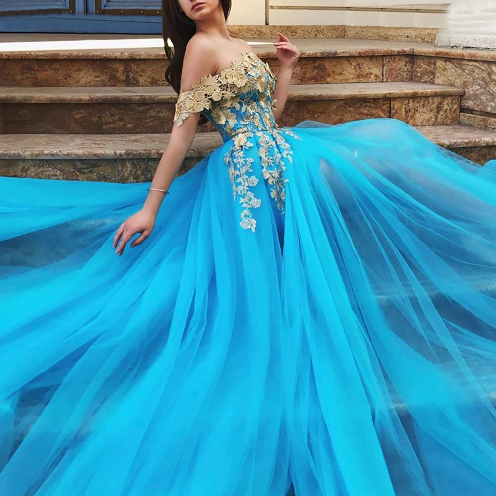 Blue Muslim Evening Dresses Lace Off the Shoulder High Slit Tulle Islamic Dubai Kaftan Saudi Arabic Long Evening Gown Prom