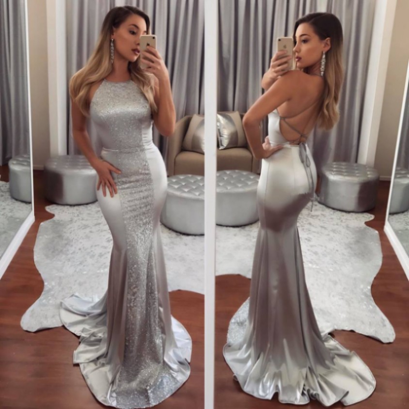 2020 Sexy Hot Sale Silver Sequin Satin Long Evening Dress Sleeveless Straps Back Mermaid Prom Party Gowns Formal Dresses robe de soriee