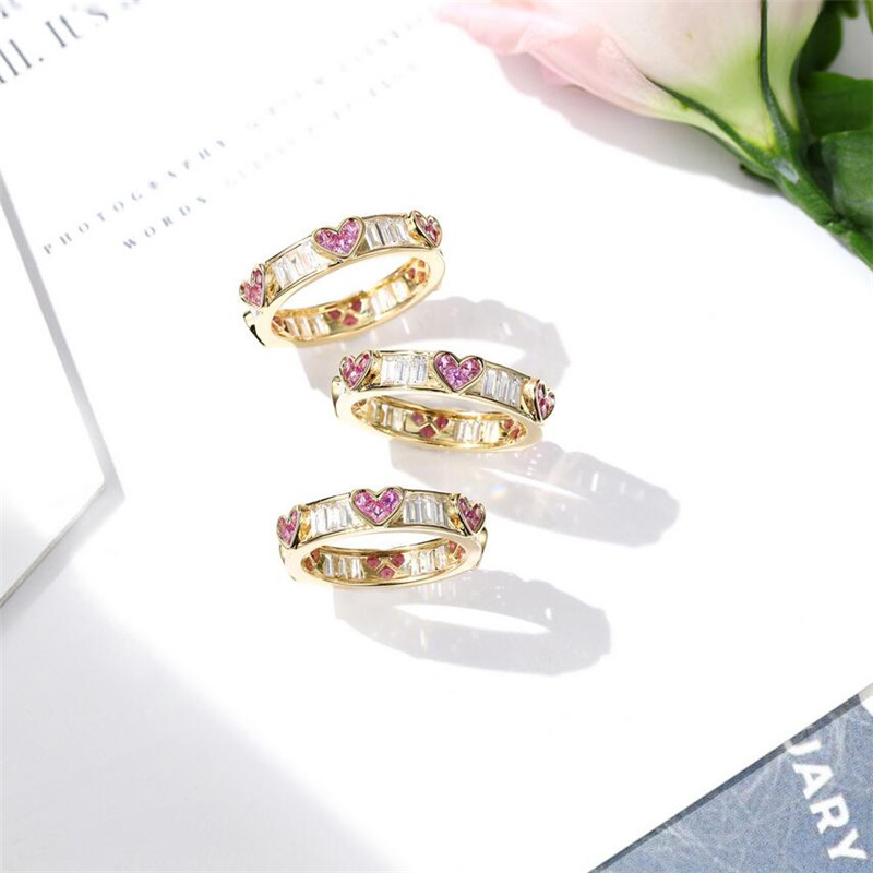 Classical Fine Jewelry Hot Sale 925 Sterling Silver&Gold Fill Pink Sapphire CZ Diamond Gemstones Heart Shape Women Wedding Band Ring Gift
