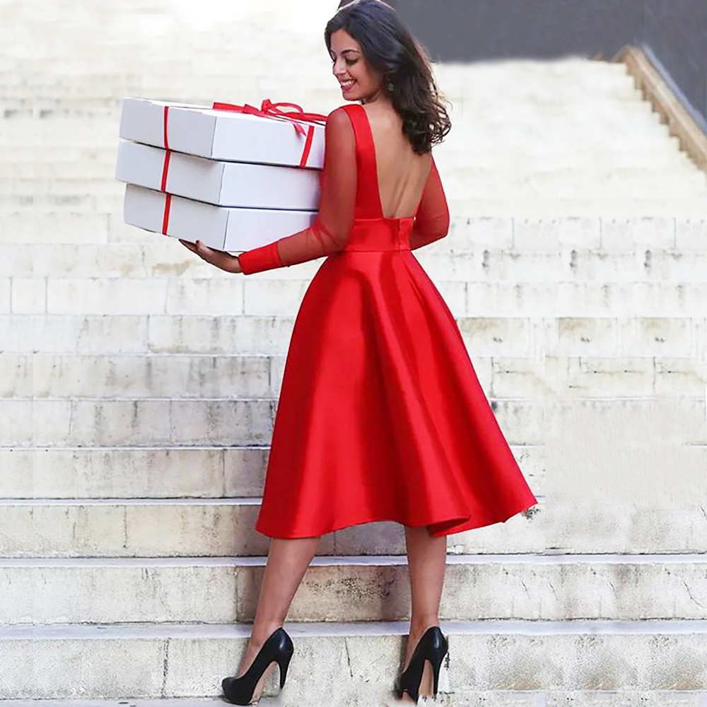 Red A Line Short Evening Dress 2020 Long Sleeve Scoop Neck Simple Prom Party Gowns Sexy Open Back Knee Length Formal Woman Dress