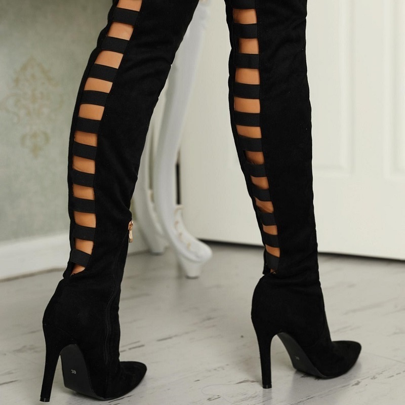 Women shoes high heels black over the knee boots sexy hollow out ladies thigh high boots pointed toe stiletto long boots