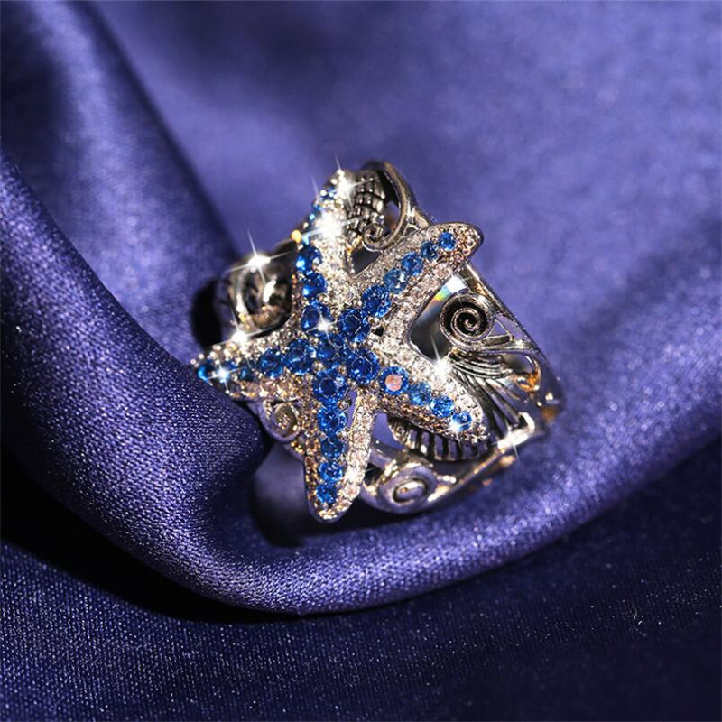 New Arrival Vintage Jewelry 925 Sterling Silver Blue Sapphire CZ Diamond Gemstones Neptune Party Women Wedding Engagement Band Ring Gift