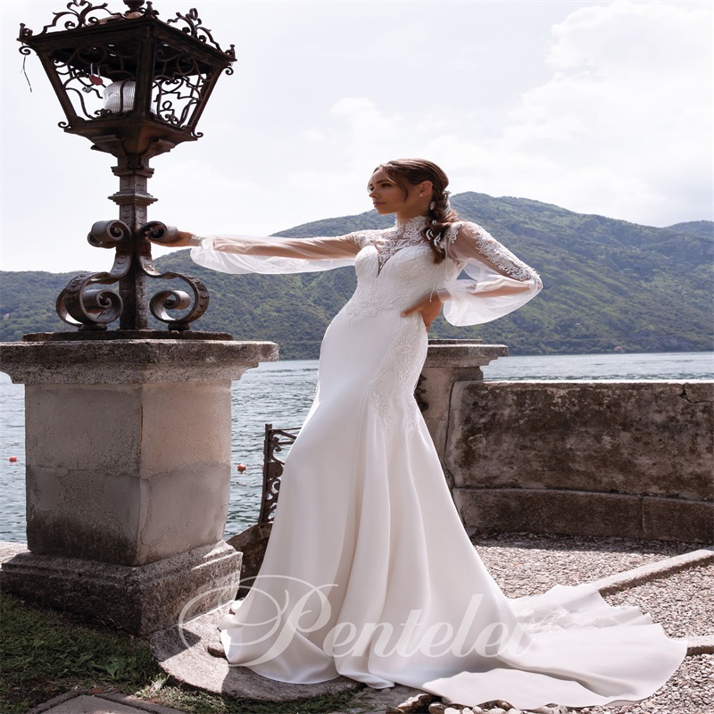 High-neck Pentelei A-line Wedding Dresses Long Sleeve Lace Appliqued Beach Bridal Gown Ruched Satin Custom Made Boho Vestidos De Novia