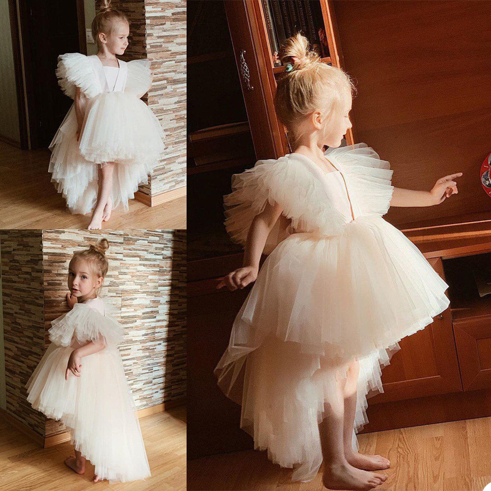 Flower Girls Dresses Square Neck Ruffle Hi Lo Children Birthday Party Dress Custom Made Satin and Tulle Kids Formal Gowns