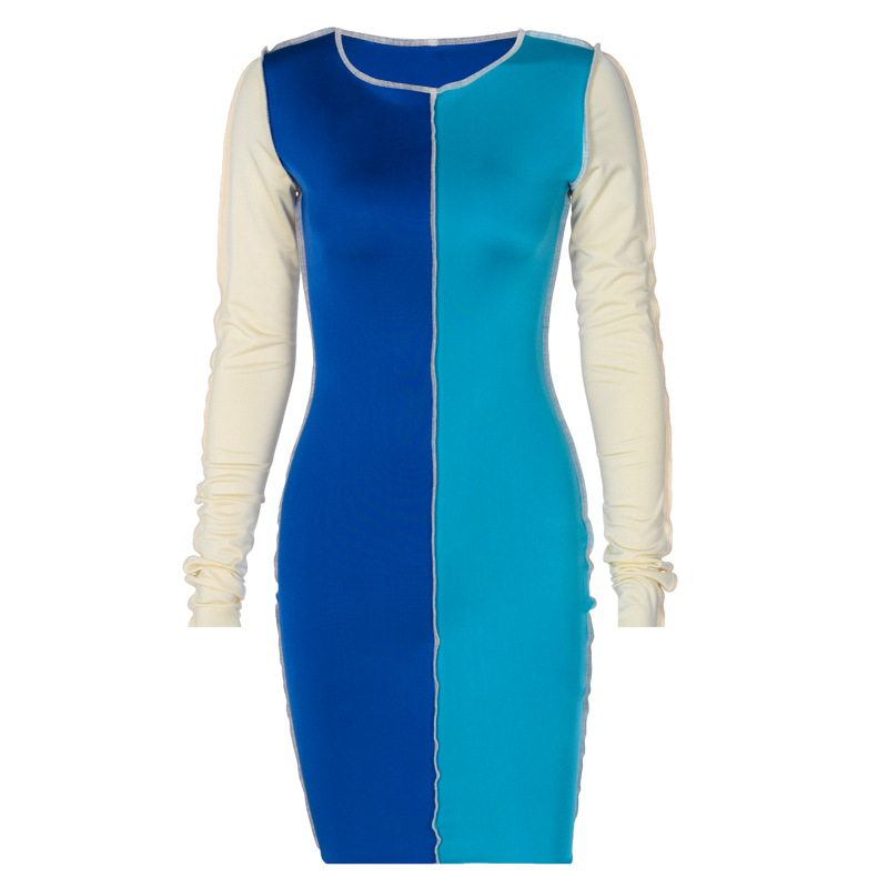 Women Color Block Dress Fashion Casual O Neck Long Sleeve Mini Bodycon Dress Spell Color Patchwork Bodycon Mini Dress