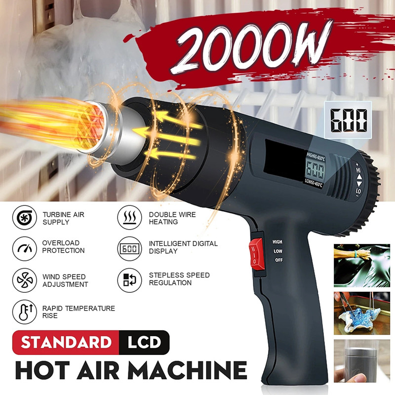 2000W Digital Display Hot Air Gun Air Dryer Industrial Adjustable Temperature Heat Gun Pistol Welding Tool Soldering Accessories
2000W Digital Display Hot Air Gun Air Dryer Industrial Adjustable Temperature Heat Gun Pistol Welding Tool Soldering Accessories