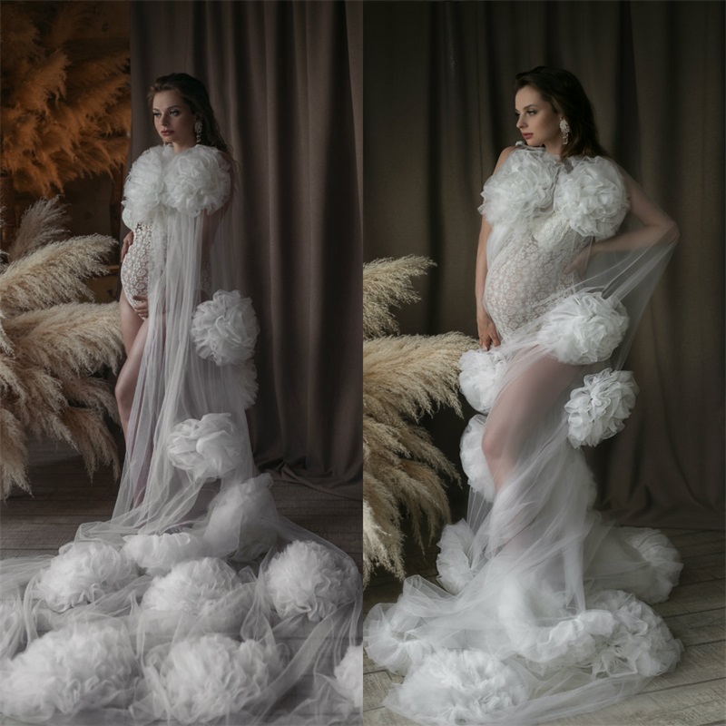 Newest Sexy Pregnant Woman Pajamas Ruched Tulle Hand Made Flower See Through Night Gown For Women Ruched Tiered Sweep Train Sleepwear