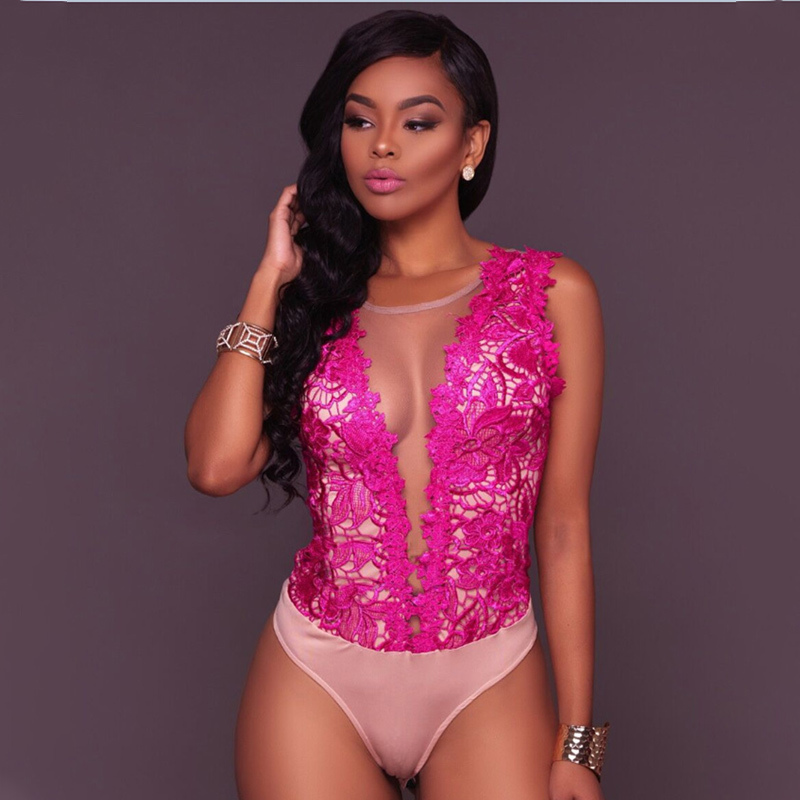 Sleeveless V-Neck Bodycon Bodysuits Women Sexy Lace Floral Club Bodysuit Woman 2020 Summer Solid Skinny Party Clothing Female CX200810