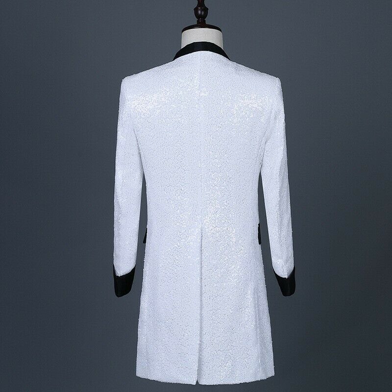 Wedding Groom Tuxedos Sequings White & Black One Piece Mens Coat Magician Performance CostumeTuxedos Cheap Stock XXXL