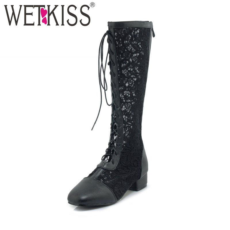 WETKISS New Thick Heel Knee High Summer Women Boots Zipper Lace Footwear Antumn Fashion Casual Cross Tied Boots Pu Ladies Shoes, Black