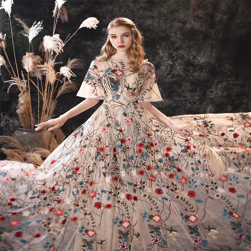 Newest Floral Evening Dresses Embroidery 3/4 Long Sleeves Ruched Ruffles Sweep Train Formal Prom Dress Custom Made Chic A-line Party Dress