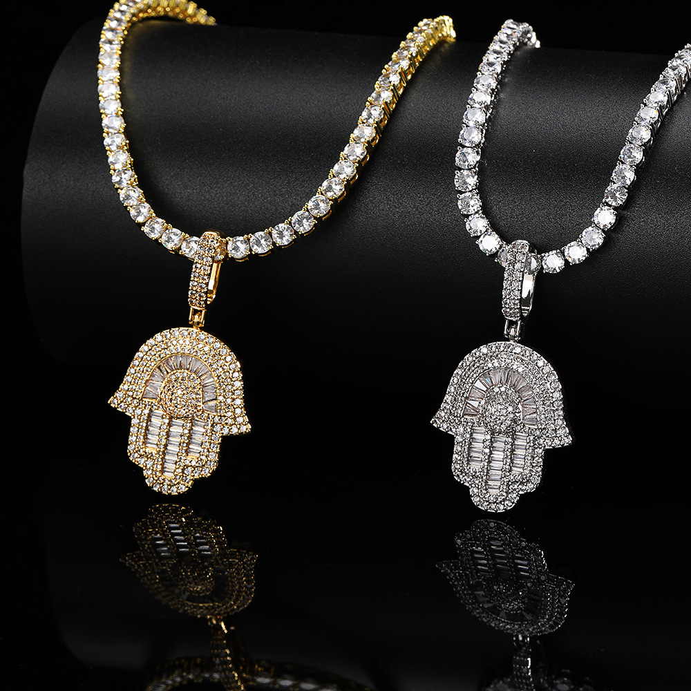 Cubic Zirconia Hand of Fatima Pendant Necklace - Unisex Hip Hop Jewelry, Platinum-Plated, Gift Idea