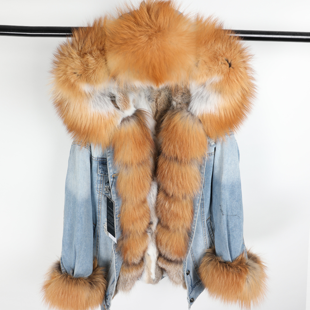 Winter Natural fox fur big fur collar Denim loose fashion Fur detachable lining Park Pike Leather Jacket Women's Wear