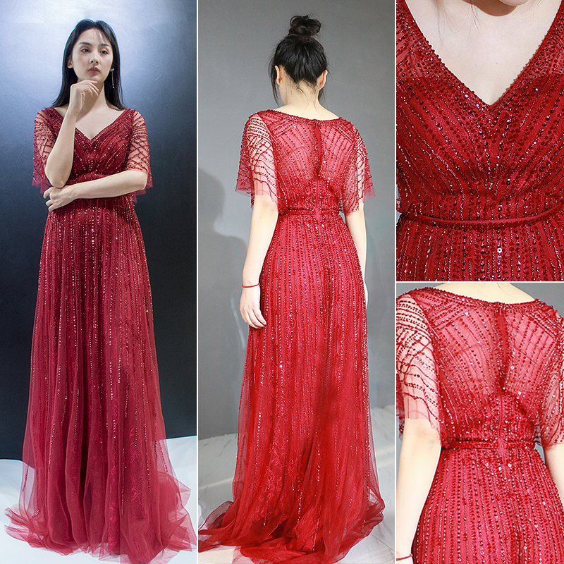 5701 In Stock Classic Evening Gowns Beads Sequins V-neck Zipper Prom Dresses Women Party Wear Sale